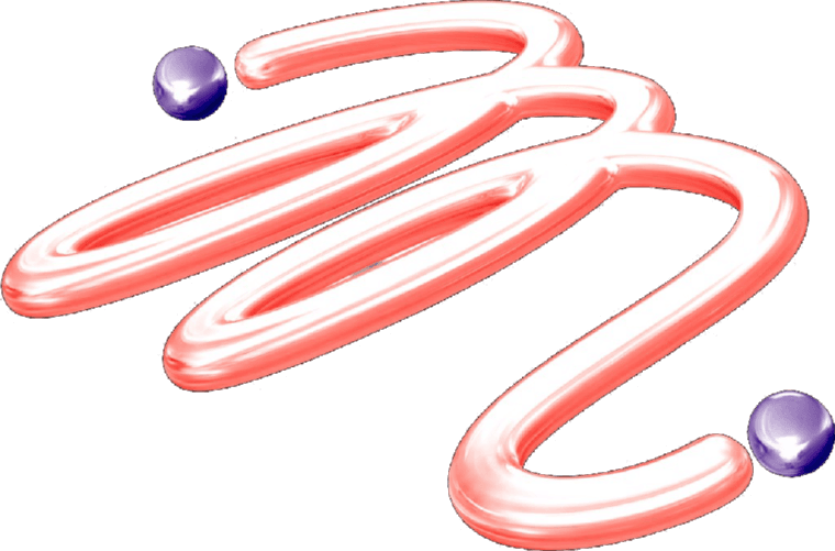 Coiled coral ribbon threaded between two purple beads