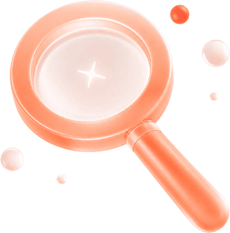 Glossy coral magnifying glass surrounded by bubbles