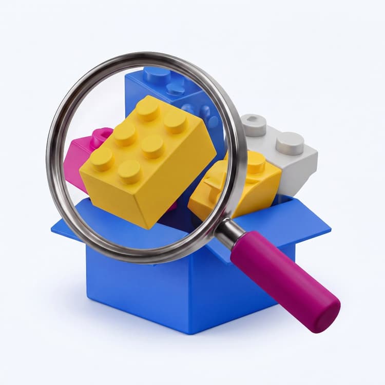 Lego pieces with magnifying glass